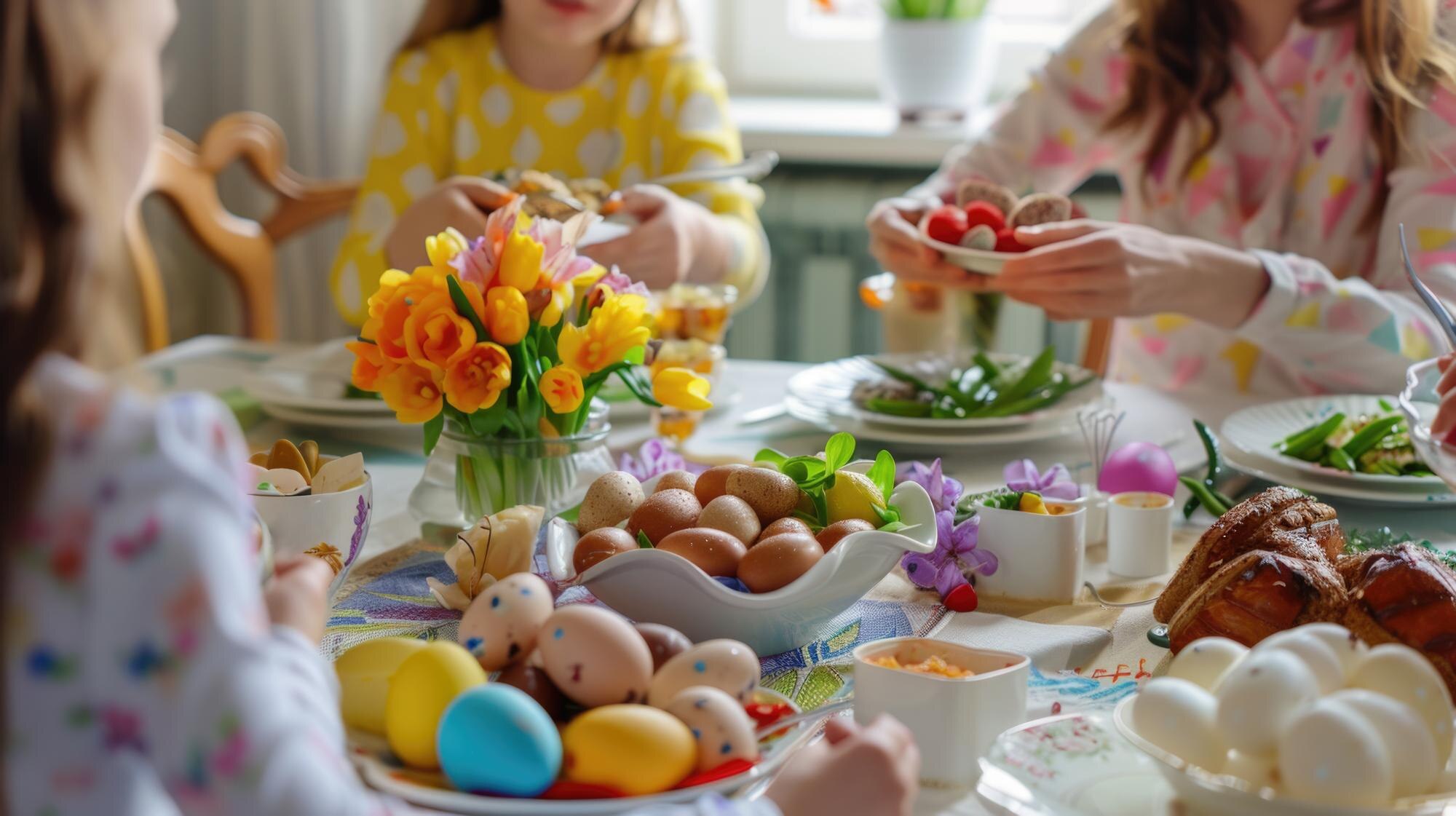 O que fazer na Páscoa Família reunida à mesa de Páscoa com ovos coloridos, flores de tulipa e pratos servidos durante o almoço em casa